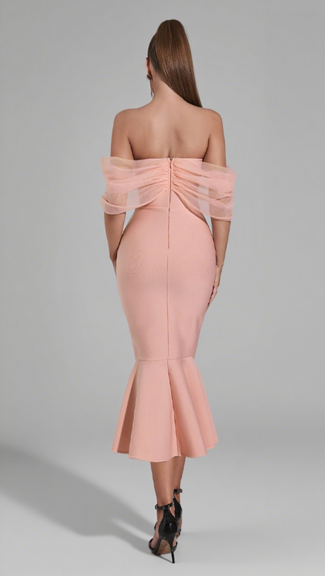 OFF - SHOULDER ORGANZA - SLEEVE MERMAID MIDI DRESS IN PINK