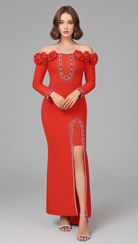 Schulterfreies Kleid mit Blumenbesatz und Strassverzierung in Rot