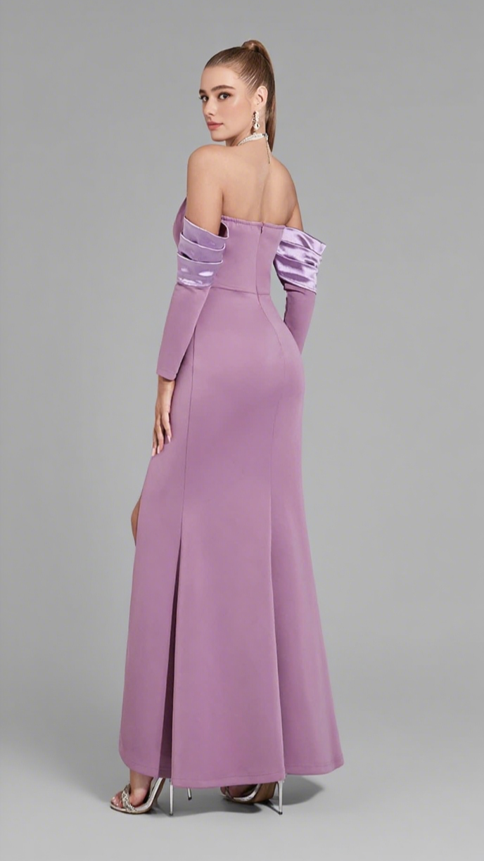 HALTER NECK SPLIT - SLEEVE SLIT MERMAID MAXI DRESS IN LILAC