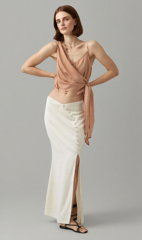 Curve Matte Satin Buttoned Maxi Skirt