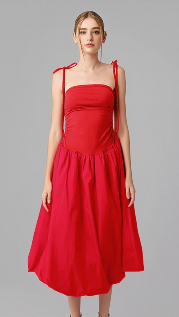 AIIZIE HALTER NECK RUCHED FLOWY MIDI DRESS IN RED - product image
