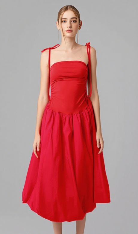 Halter Neck Ruched Flowy Midi Dress in Red