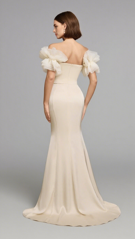 OFF - SHOULDER RUFFLED - SLEEVE MERMAID MAXI DRESS IN LVORY