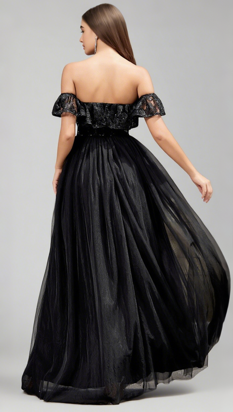 OFF - SHOULDER LACE - TOP TULLE MAXI DRESS IN BLACK