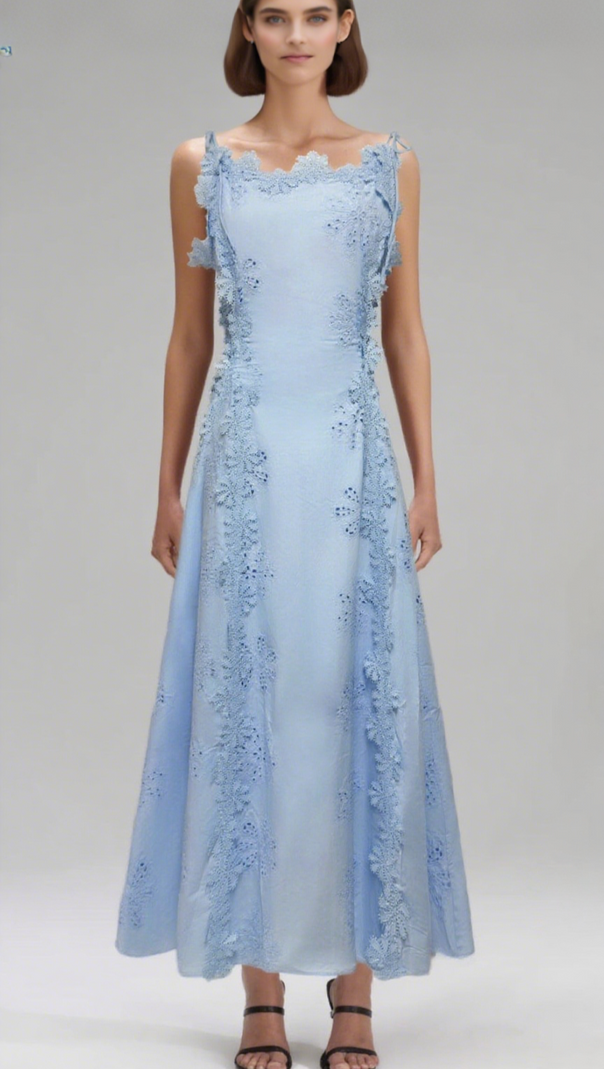 LACE TRIM EMBROIDERY HOLLOW MIDI DRESS IN WHITE