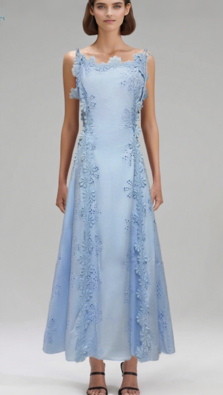 LACE TRIM EMBROIDERY HOLLOW MIDI DRESS IN WHITE