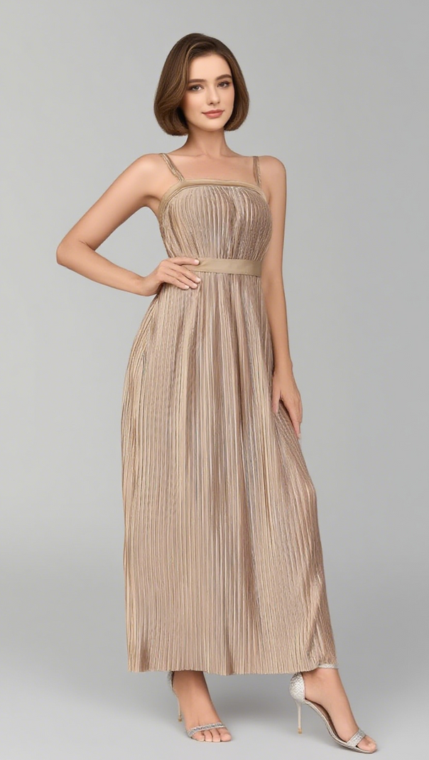 AIIZIE STRAPLESS PLEATED BELTED MAXI DRESS IN CHAMPAGNE - product image