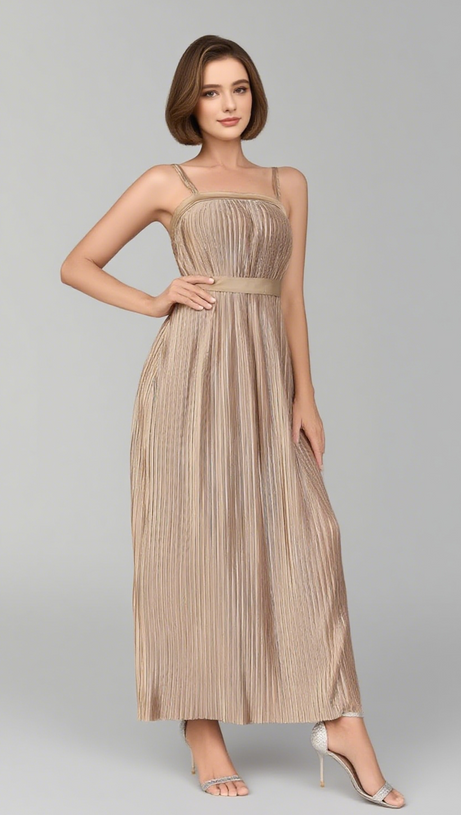 STRAPLESS PLEATED BELTED MAXI DRESS IN CHAMPAGNE