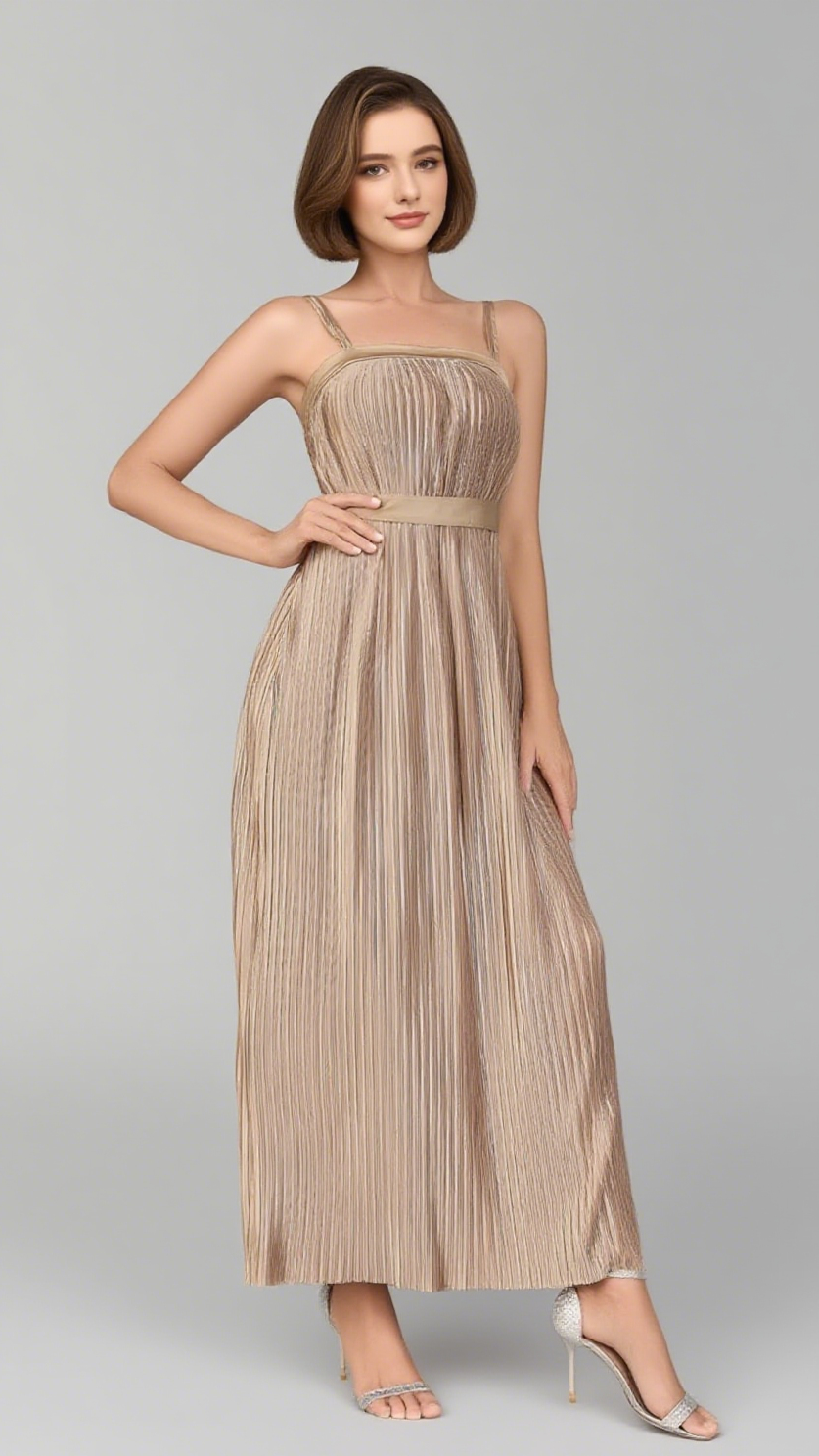 STRAPLESS PLEATED BELTED MAXI DRESS IN CHAMPAGNE