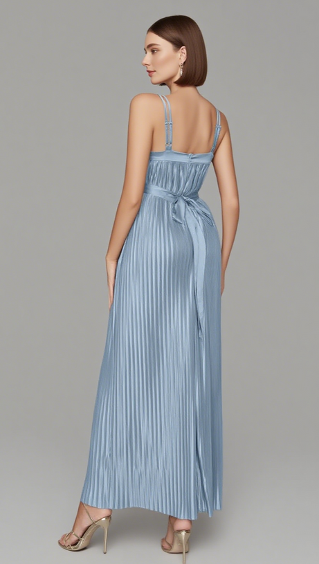 STRAPLESS PLEATED BELTED MAXI DRESS IN LIGHT BLUE