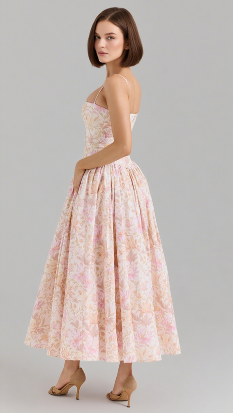 PEACH FLORAL STRETCH COTTON MIDI DRESS