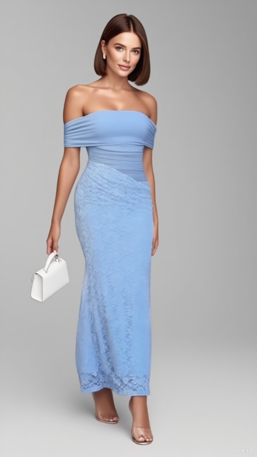 OFF SHOULDER RUCHED LACE MIDI DRESS IN LIGHT BLUE