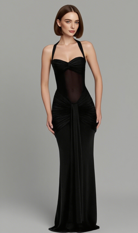 Halter Neck Twist Cutout Ruched Maxi Dress in Black