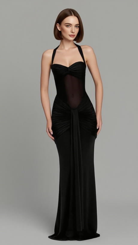 HALTER NECK TWIST CUTOUT RUCHED MAXI DRESS IN BLACK