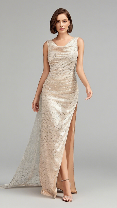 SEQUIN COWL - NECK CAPE - SLEEVE SLIT MAXI DRESS IN CHAMPAGNE