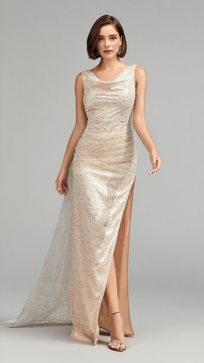SEQUIN COWL - NECK CAPE - SLEEVE SLIT MAXI DRESS IN CHAMPAGNE