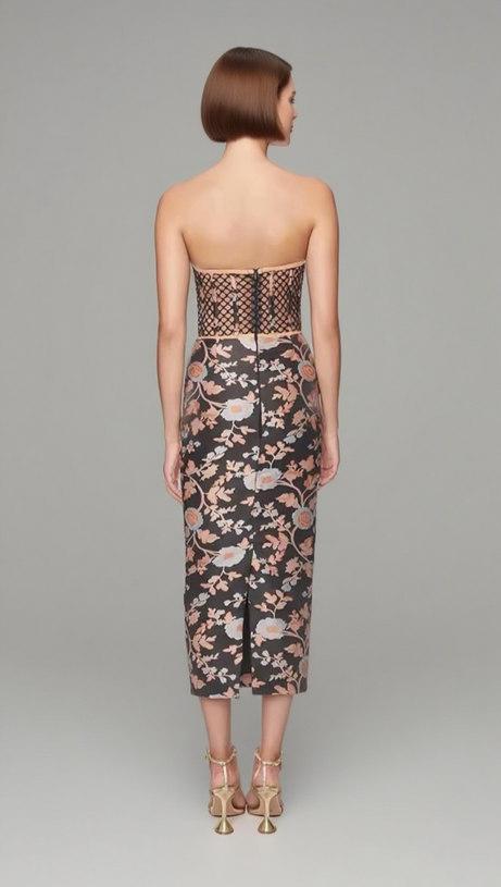 FLORAL - PATTERNED CUTOUT STRAPLESS MIDI DRESS IN BLACK