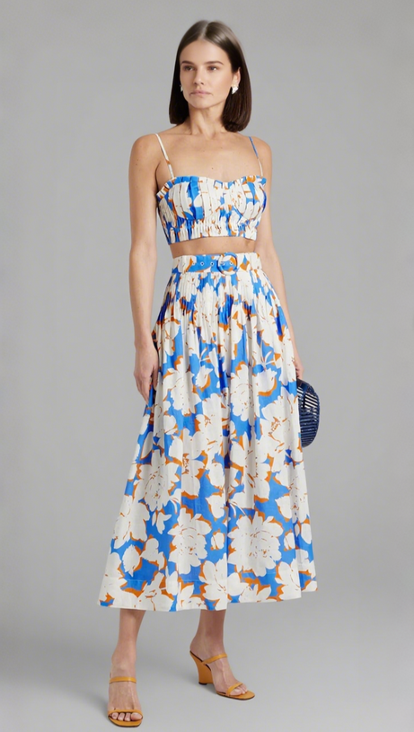 Plissiertes Bustier-Top-Rock-Set aus Leinen mit Blumenmuster in Blau