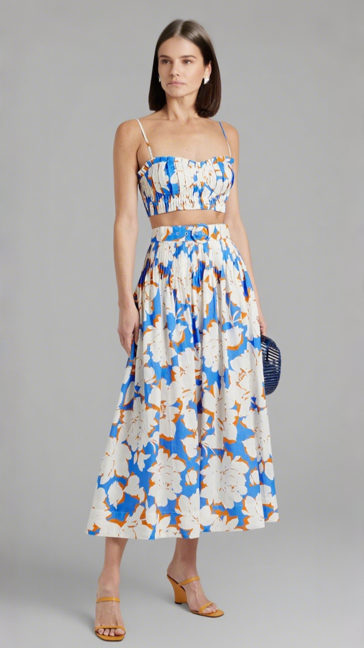 Plissiertes Bustier-Top-Rock-Set aus Leinen mit Blumenmuster in Blau