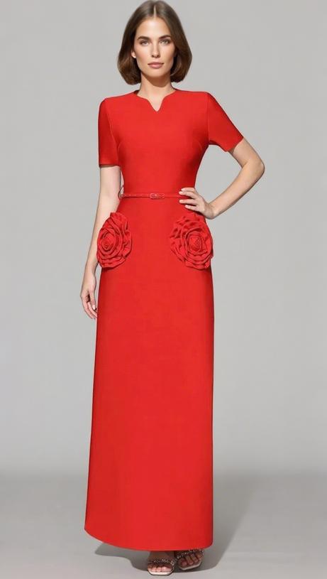 3D FLOWER EMBELLISHED SLIM MAXI DRESS IN RED