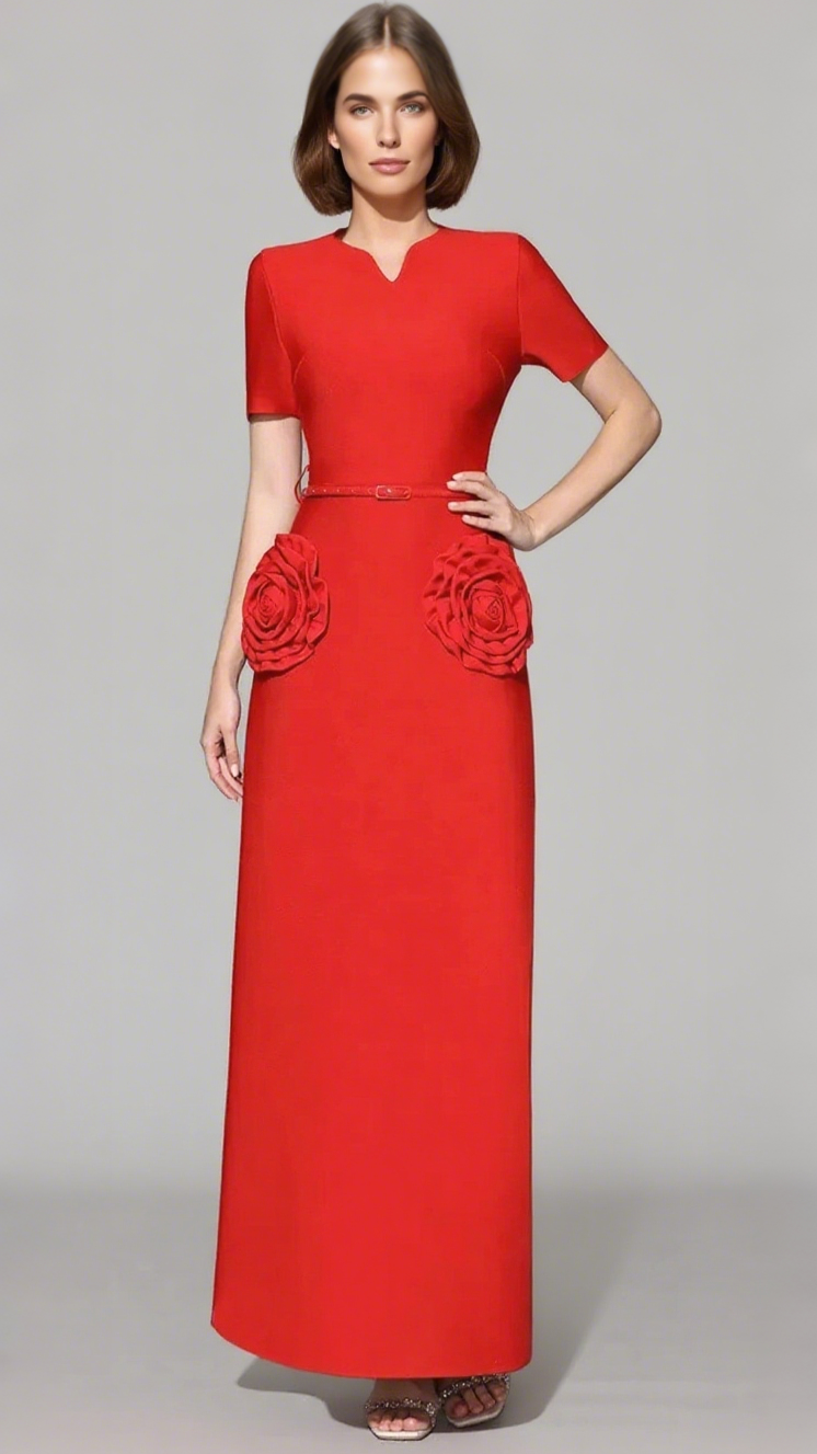 3D FLOWER EMBELLISHED SLIM MAXI DRESS IN RED