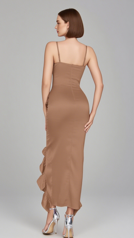 SATIN CUT - OUT RUFFLED - SLIT MIDI DRESS IN BROWN