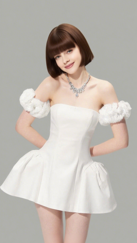 SHERRY FLOWER STRAPLESS PUFFY MINI DRESS IN WHITE