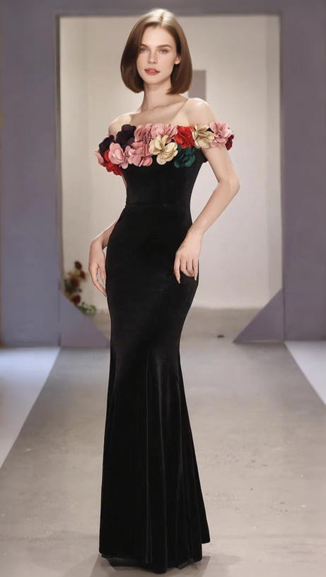 ONE-SHOULDER GOLD VELVET FISHTAIL MAXI DRESS IN BLACK