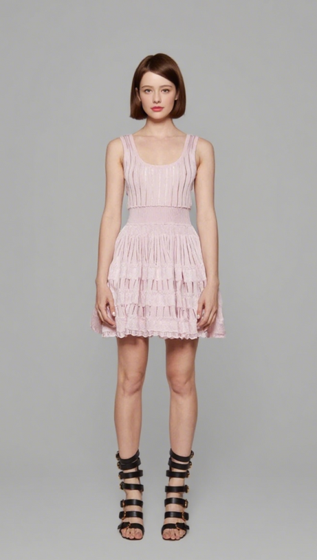 RIBBED POINTELLE KNIT MINI DRESS IN PINK