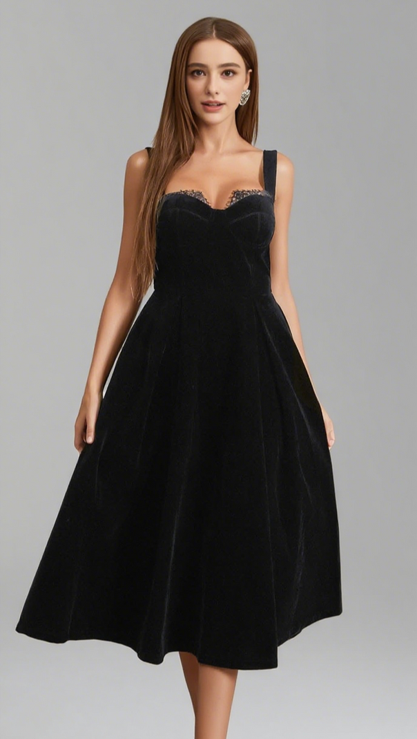 AIIZIE VELVET SQUARE - NECK MIDI DRESS IN BLACK - product image
