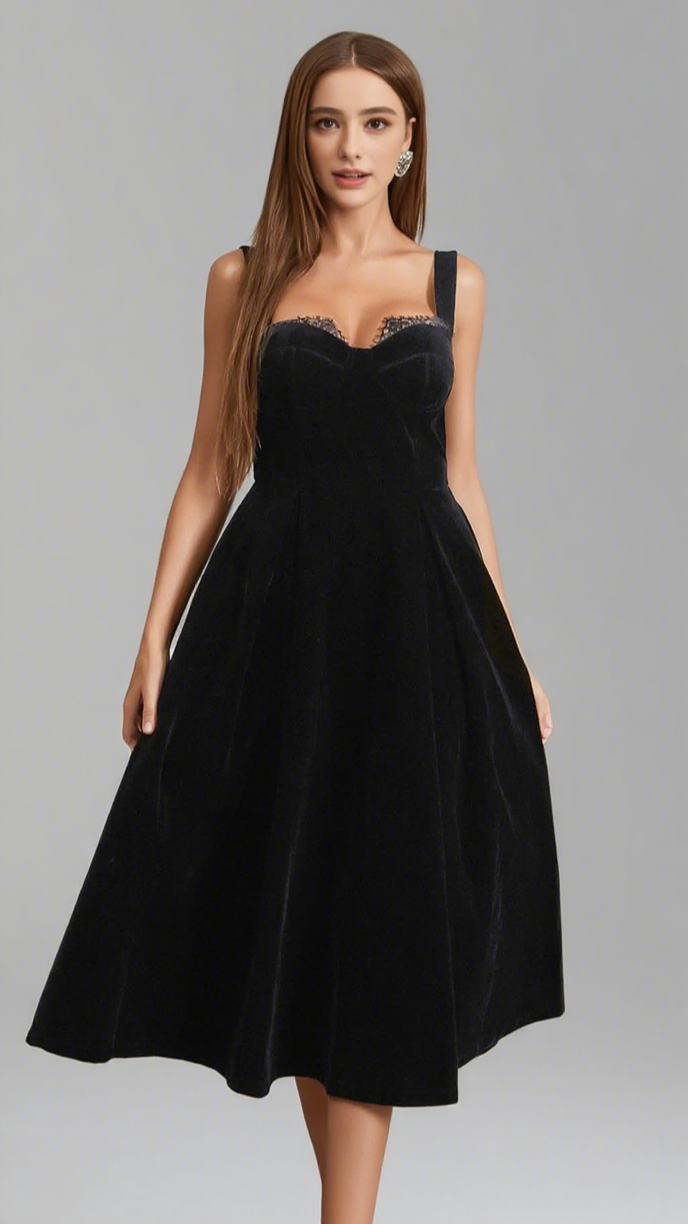 Velvet – Midikleid mit quadratischem Ausschnitt in Schwarz