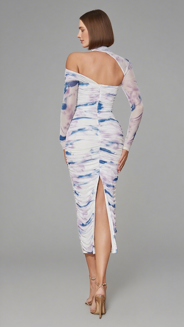 AIIZIE TIE - DYE ONE - SHOULDER RUCHED MIDI DRESS IN BEIGE AND BLUE - product image