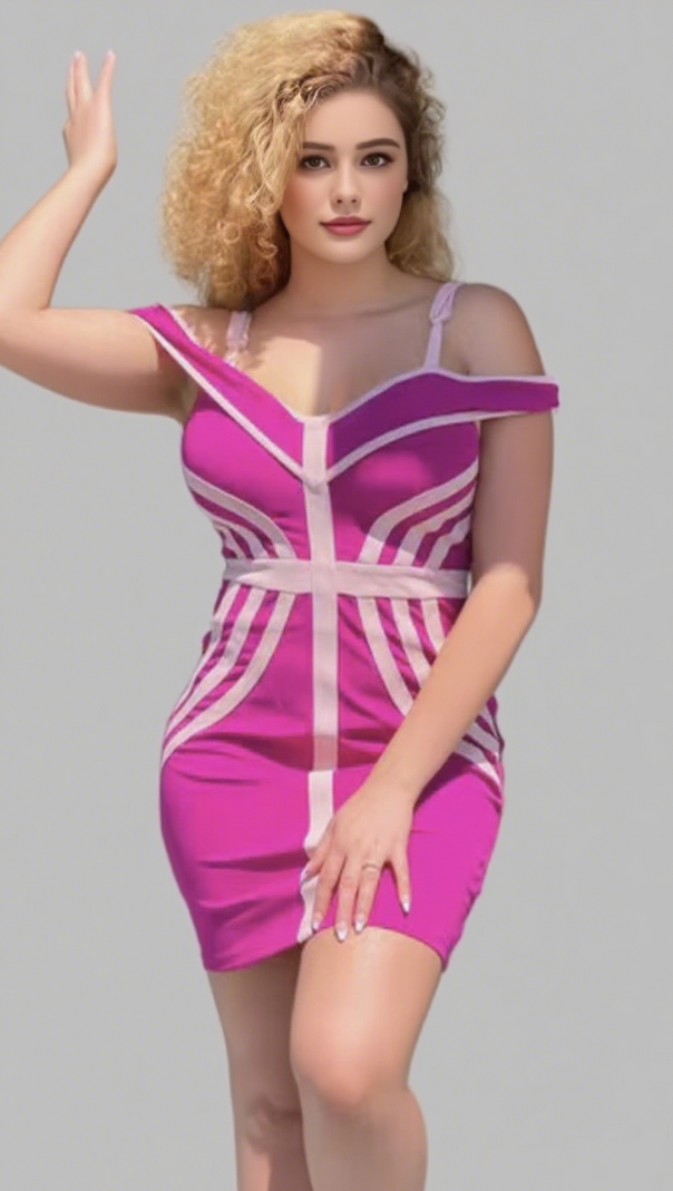 AIIZIE OFF SHOULDER CONTRAST TRIM BANDAGE MINI DRESS IN PURPLE - product image