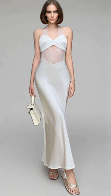 TIFFANY PINK MESH LACE HALTER MAXI DRESS