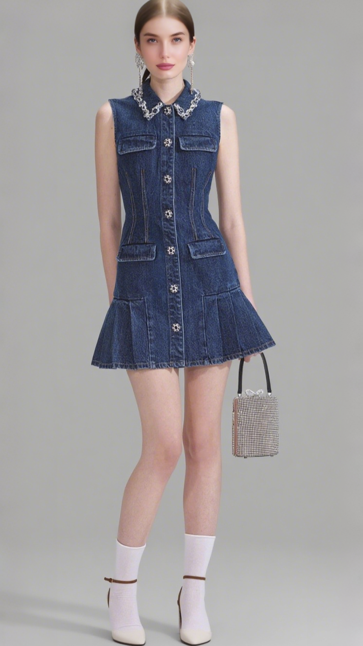 BLUE DENIM SLEEVELESS MINI DRESS