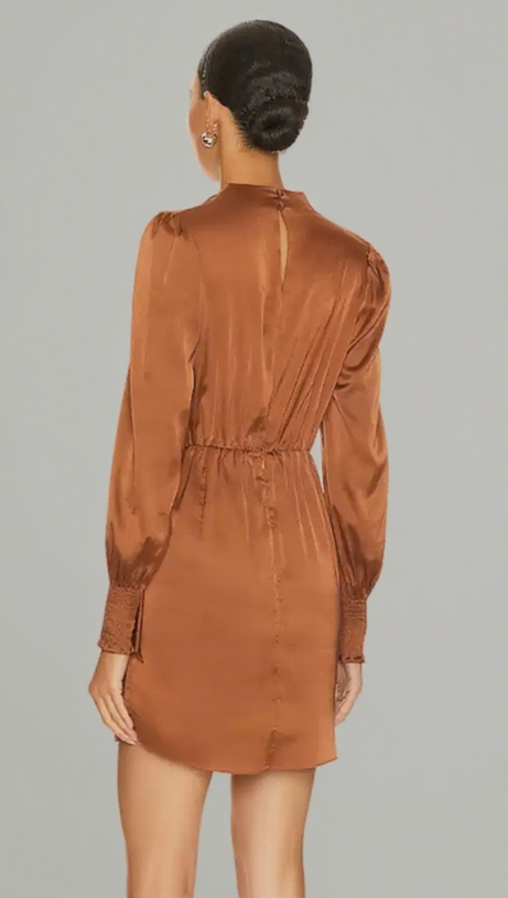 STAND COLLAR WITH IRREGULAR PLEATS MINI DRESS IN BROWN