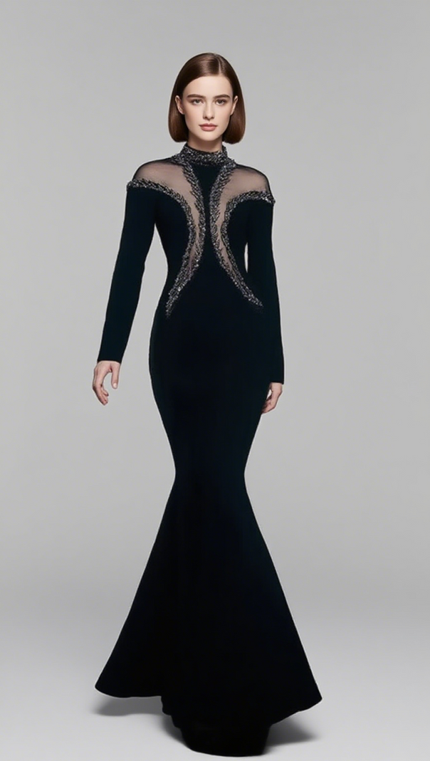 AIIZIE MOCK NECK BEADED MERMAID MAXI DRESS IN BLACK - product image