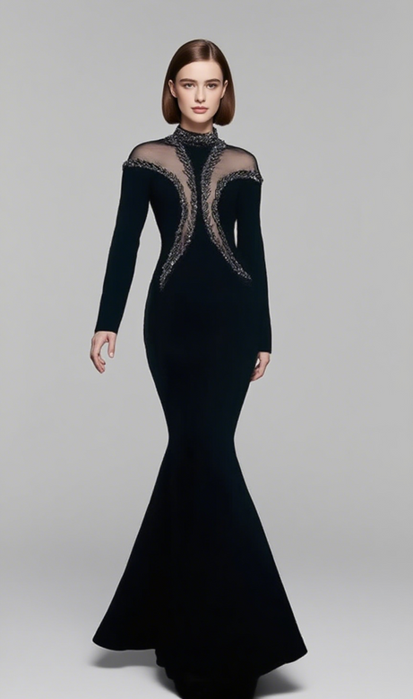 Mock Neck Beaded Mermaid Maxi Dress in Black