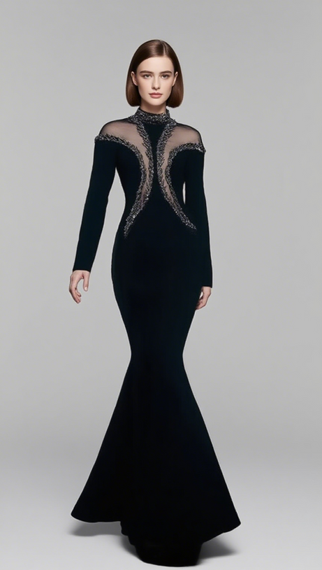 MOCK NECK BEADED MERMAID MAXI DRESS IN BLACK