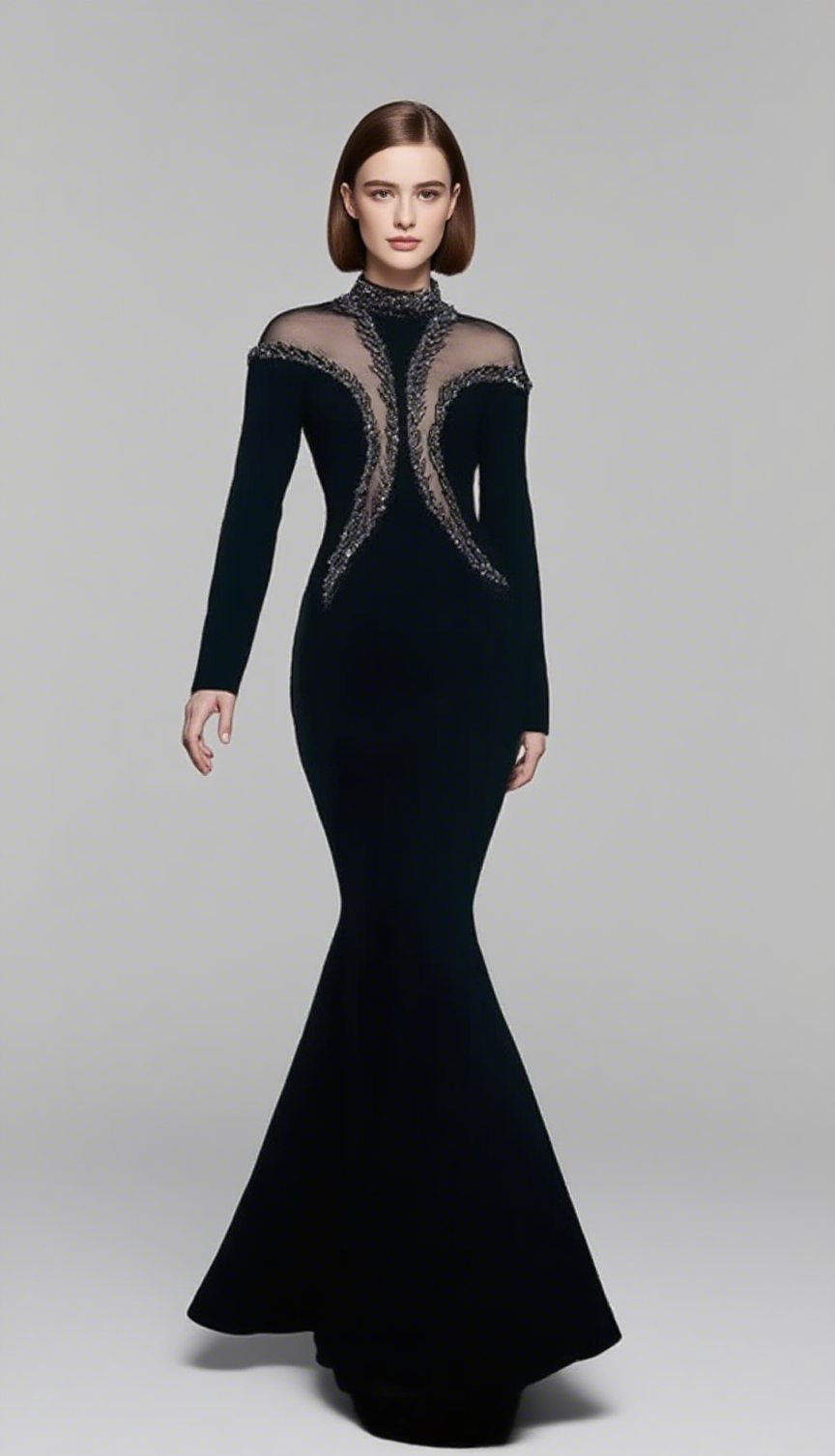 MOCK NECK BEADED MERMAID MAXI DRESS IN BLACK