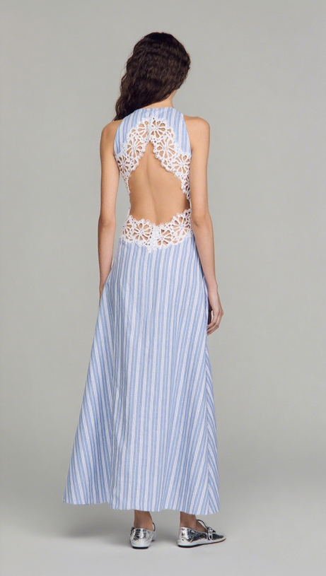 Maxikleid mit hohlem Spitzenbesatz in Blau