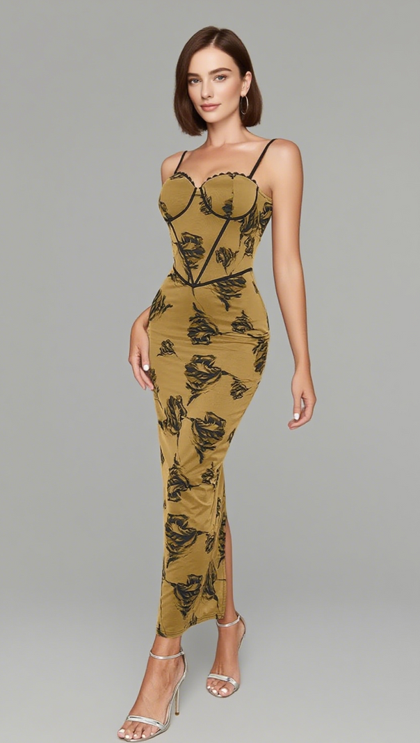 AIIZIE FLORAL PRINT CORSET - STYLE MIDI DRESS IN BROWN - product image