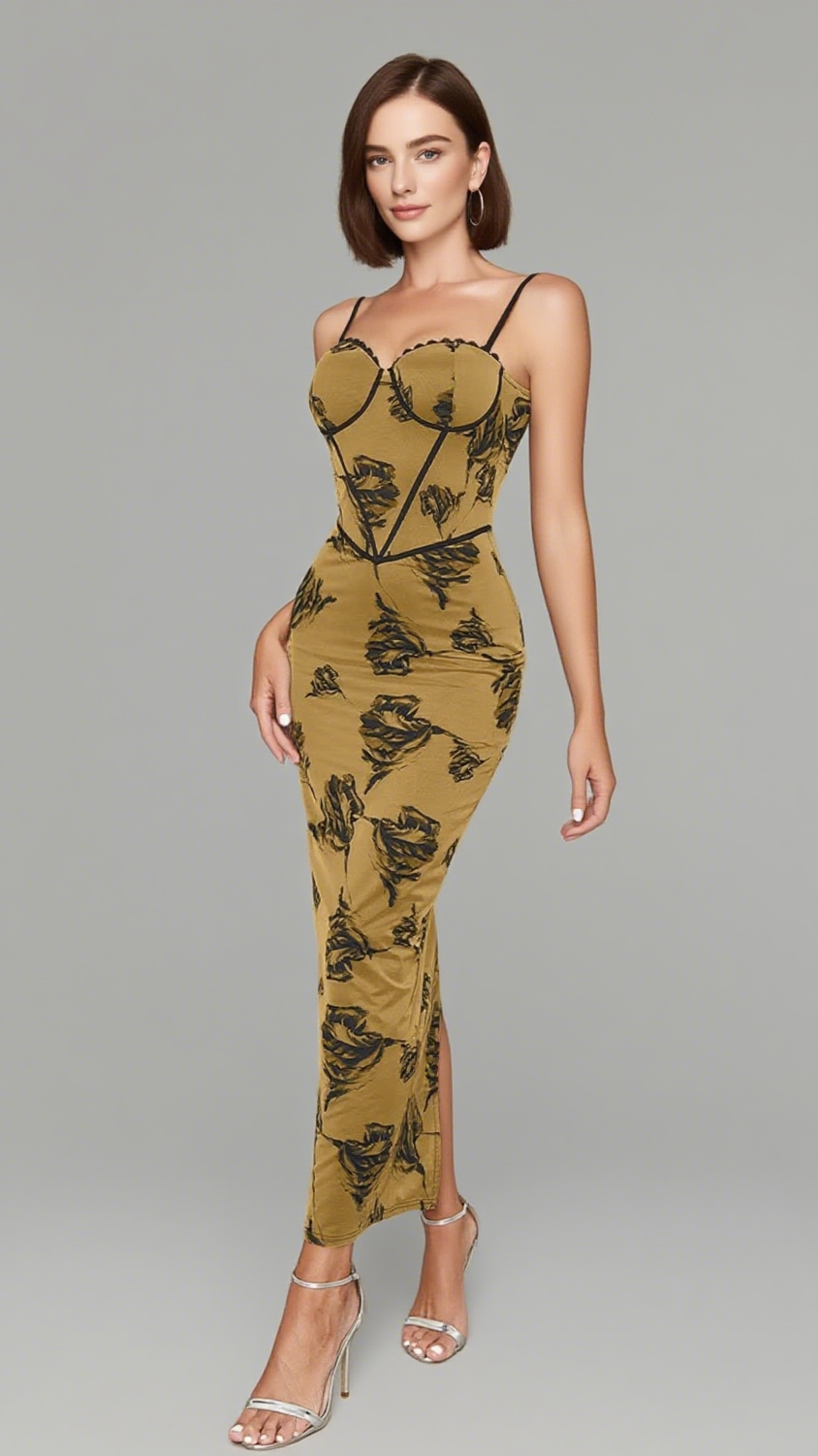 FLORAL PRINT CORSET - STYLE MIDI DRESS IN BROWN