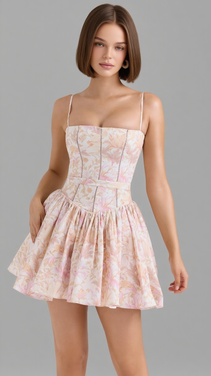 MINI ABITO IN COTONE ELASTICIZZATO CON FIORI PESCA