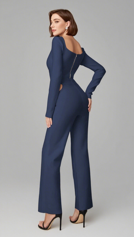 Set aus langärmligem Crop-Top und Hose mit Cut-Outs in Marineblau