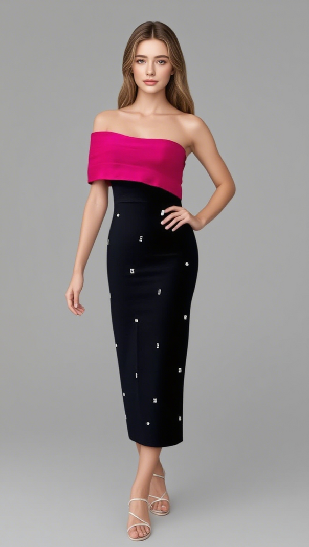 AIIZIE OFF SHOULDER RHINESTONE EMBELLISHED MIDI DRESS IN ROSE RED - product image