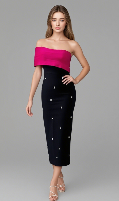 Abito midi con spalle scoperte e strass in rosso rosa