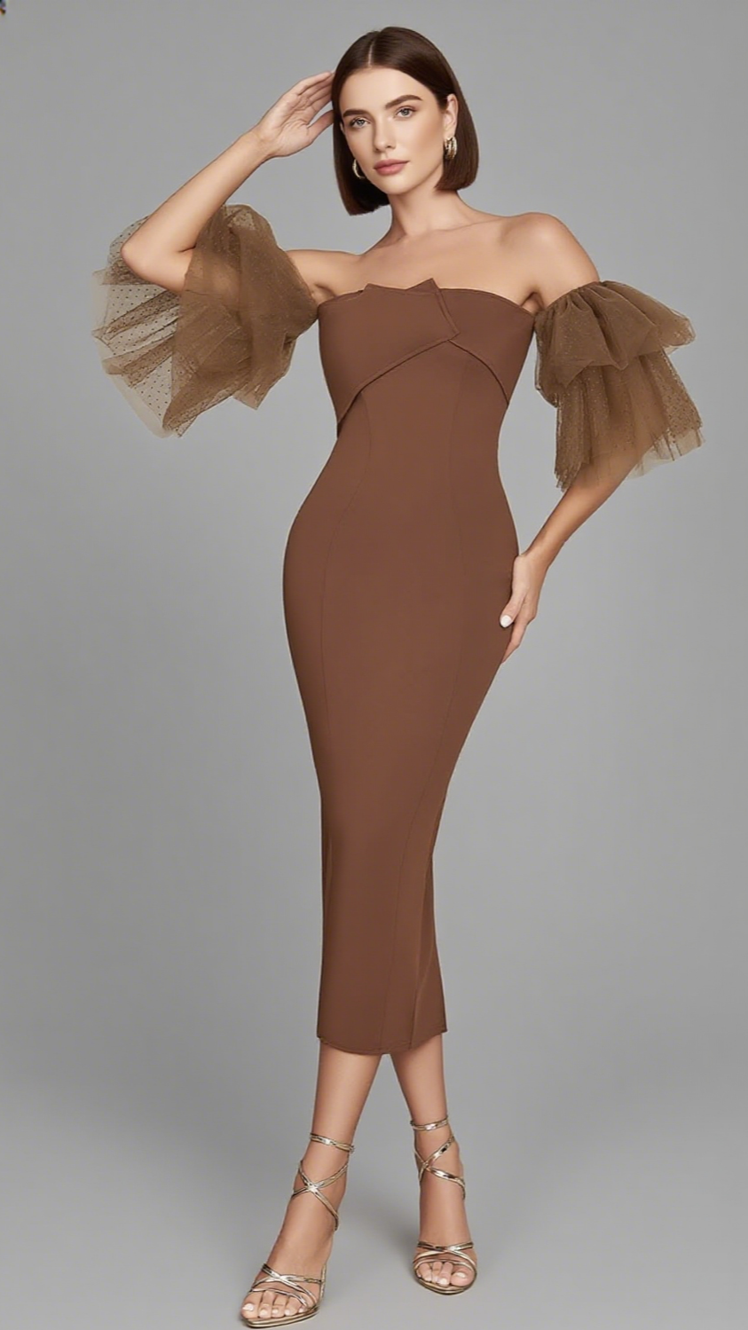 OFF - SHOULDER TULLE - SLEEVE MIDI DRESS IN BROWN