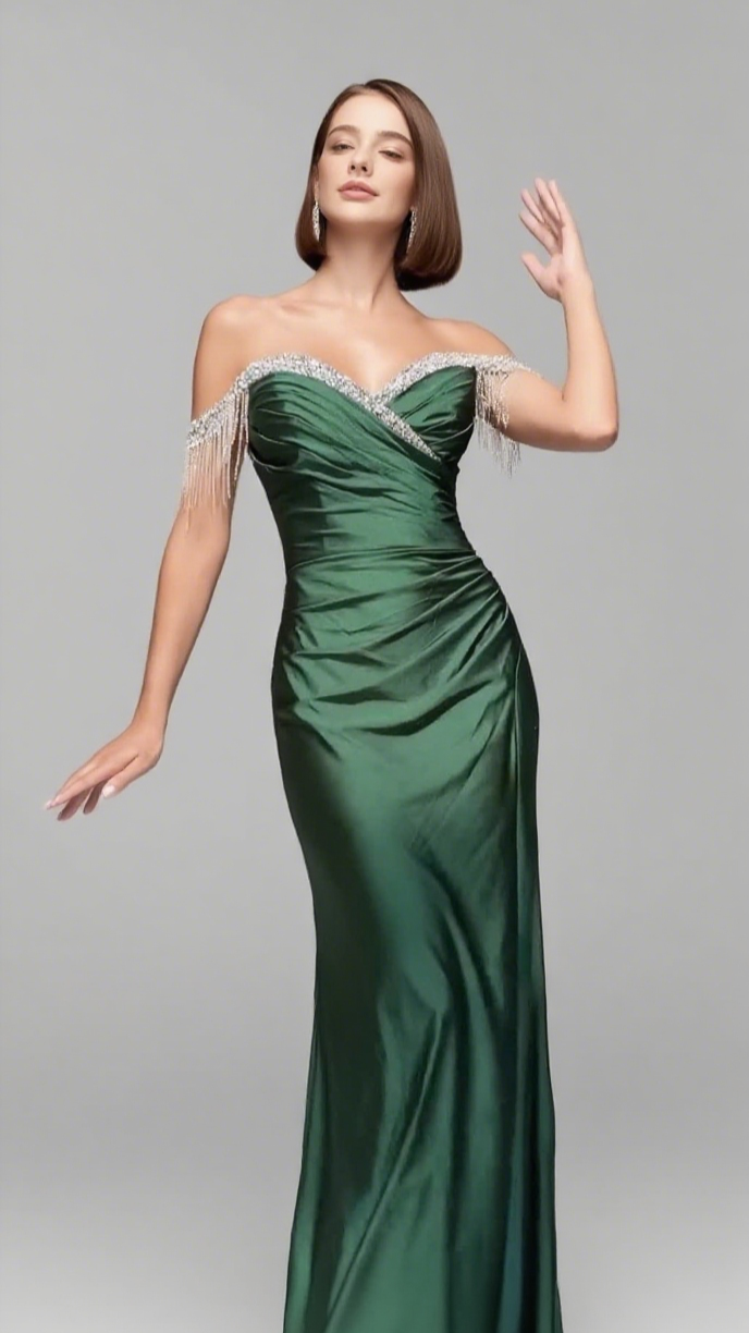 SATIN OFF - SHOULDER FRINGE - TRIM SLIT MAXI DRESS IN GREEN