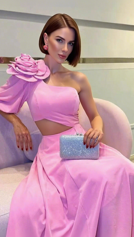 BIG FLOWER OFF-SHOULDER MAXI DRESS IN PINK